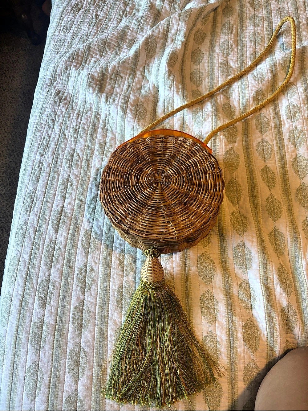 Woven Round Tassel Crossbody Bag Brown & Green